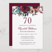 ブルゴーニュ赤フローラ水彩70誕生日カード 招待状 (正面/裏面)
