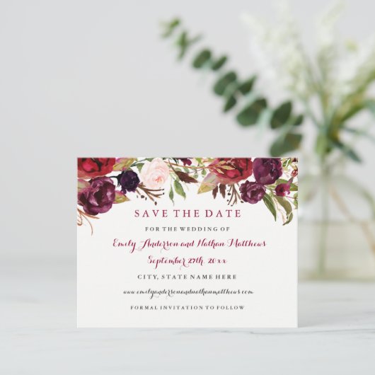 ブルゴーニュ赤フローラ秋の結婚式日付の保存 セーブザデート (スタンド正面)