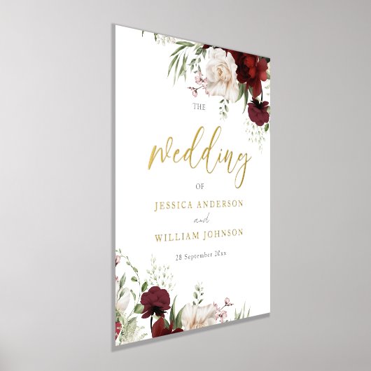 ブルゴーニュ赤フローラ結婚の大きな歓迎サイン 箔ポスター (レイダウン)