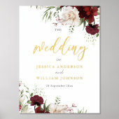 ブルゴーニュ赤フローラ結婚の大きな歓迎サイン 箔ポスター (正面)