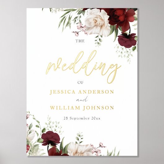 ブルゴーニュ赤フローラ結婚の大きな歓迎サイン 箔ポスター (正面)