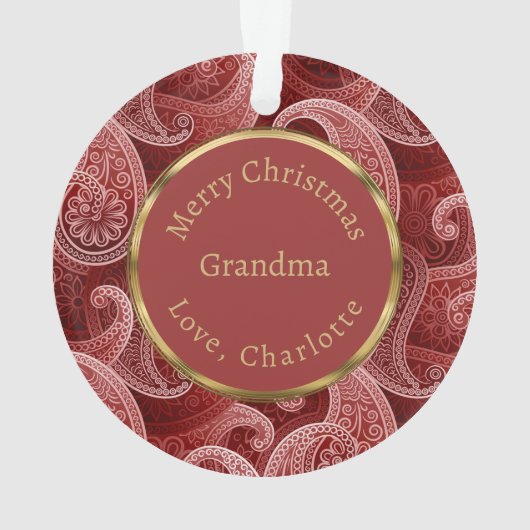 ブルゴーニュ赤ペイズリーカスタム写真と文字 オーナメント (裏面)