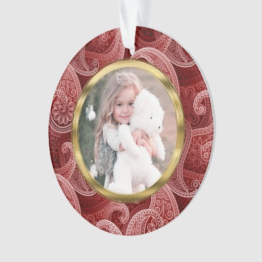 ブルゴーニュ赤ペイズリーカスタム写真と文字 オーナメント (正面)