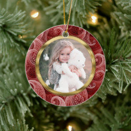 ブルゴーニュ赤ペイズリーカスタム写真と文字 セラミックオーナメント