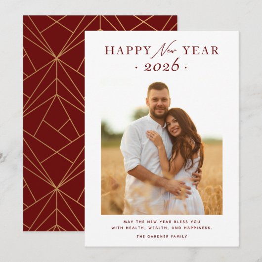 ブルゴーニュ赤ミニマリストHappy New Year 2025写真 シーズンカード (正面/裏面)