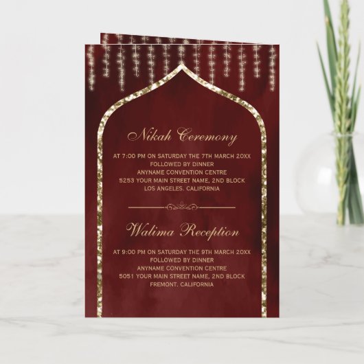 ブルゴーニュ赤ヴィンテージ金ゴールドイスラム結婚アーチ 招待状 (裏面)