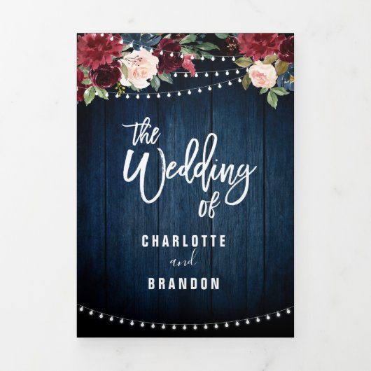 ブルゴーニュ赤海軍ストリングライトトリフォールド結婚ズ 三つ折り案内状 (カバー)