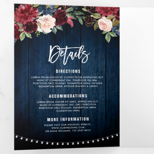 ブルゴーニュ赤海軍ストリングライトトリフォールド結婚ズ 三つ折り案内状 (内部最初)