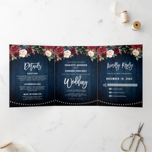 ブルゴーニュ赤海軍ストリングライトトリフォールド結婚ズ 三つ折り案内状 (内部)