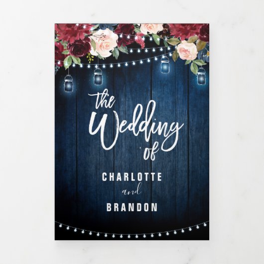 ブルゴーニュ赤海軍ストリングライトトリフォールド結婚ズ 三つ折り案内状 (カバー)