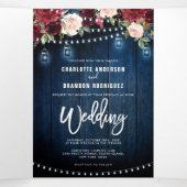 ブルゴーニュ赤海軍ストリングライトトリフォールド結婚ズ 三つ折り案内状 (内部中)