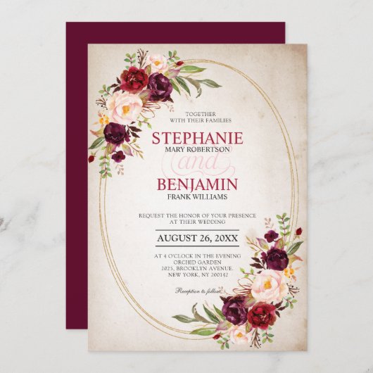 ブルゴーニュ赤海軍フローラモダンジオメト結婚リ 招待状 (正面/裏面)