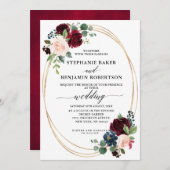 ブルゴーニュ赤海軍フローラモダンジオメト結婚リ 招待状 (正面/裏面)