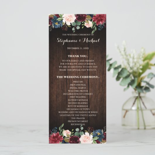 ブルゴーニュ赤海軍フローラ木製結婚式プログラム プログラム (スタンド正面)