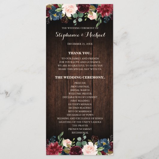 ブルゴーニュ赤海軍フローラ木製結婚式プログラム プログラム (正面)