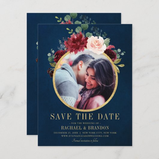 ブルゴーニュ赤海軍フローラ素朴ボホ日付を保存 案内状 (正面/裏面)