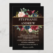 ブルゴーニュ赤海軍フローラ素朴木製結婚ズ 招待状 (正面/裏面)