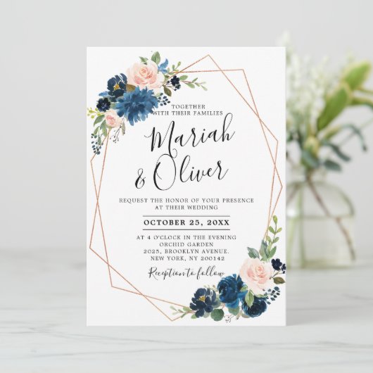 ブルゴーニュ赤海軍ブルーフローラジオメトリック結婚ス 招待状 (スタンド正面)