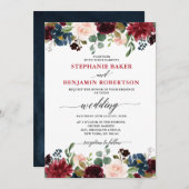 ブルゴーニュ赤海軍ブルー素朴フローラボ結婚ホ 招待状 (正面/裏面)