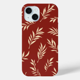 ブルゴーニュ赤熱帯ヤシ葉花の柄 iPhone 15ケース