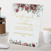 ブルゴーニュ赤牡丹と金ゴールドファンシーフォント書 台座サイン (インサイチュ)