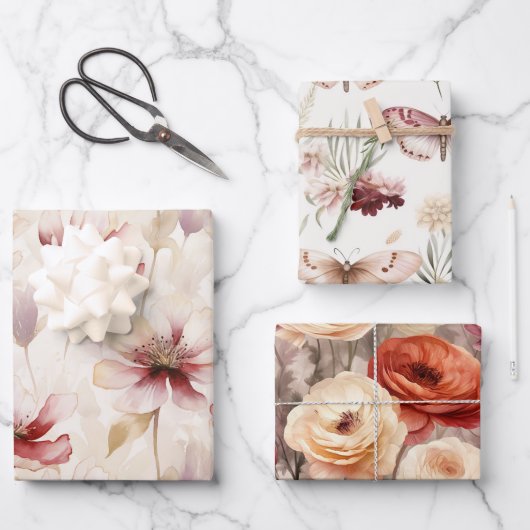 ブルゴーニュ赤白の花蝶 ラッピングペーパーシート (正面)