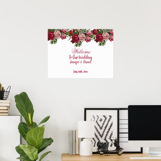 ブルゴーニュ赤素朴バラカントリーウェディングウェルカム ポスター (ホームオフィス)