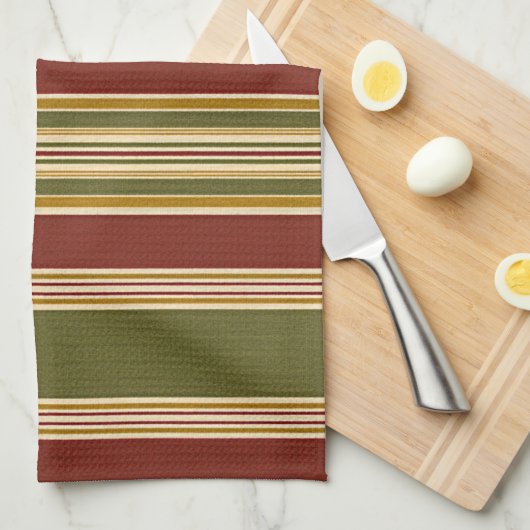 ブルゴーニュ赤緑オークレイエロストライプー色パターン キッチンタオル (四つ折り)