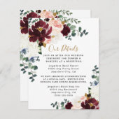 ブルゴーニュ赤赤面ピンクと金ゴールドフローラ結婚ズ エンクロージャーカード (正面/裏面)