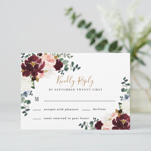 ブルゴーニュ赤赤面ピンクと金ゴールドフローラ結婚ズ 出欠カード (スタンド正面)