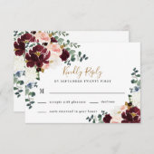 ブルゴーニュ赤赤面ピンクと金ゴールドフローラ結婚ズ 出欠カード (正面/裏面)