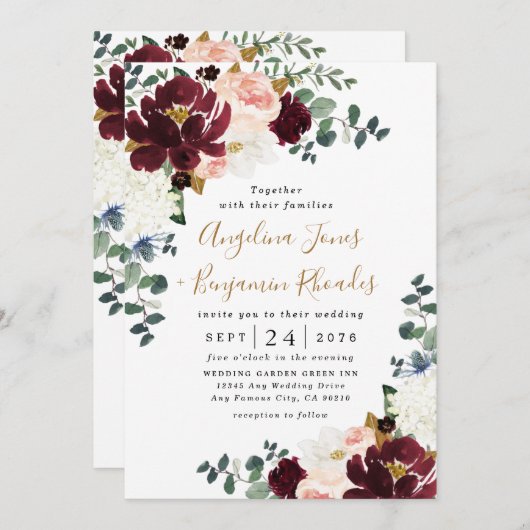 ブルゴーニュ赤赤面ピンクと金ゴールドフローラ結婚ズ 招待状 (正面/裏面)