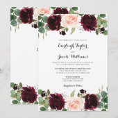 ブルゴーニュ赤赤面ピンクフローラユーカリ結婚ス 招待状 (正面/裏面)