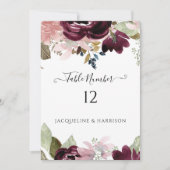 ブルゴーニュ赤赤面フローラエレガントテーブル番号 招待状 (正面)