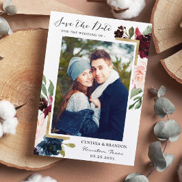 ブルゴーニュ赤赤面ブルーフローラ金ゴールド写真 セーブザデート