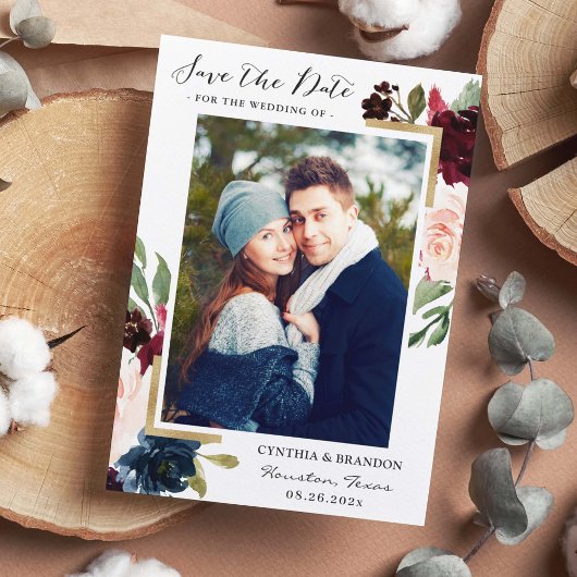 ブルゴーニュ赤赤面ブルーフローラ金ゴールド写真 セーブザデート