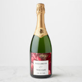 ブルゴーニュ赤金ゴールドエレガントモダンフローラ結婚の スパークリングワインラベル (正面)