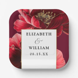 ブルゴーニュ赤金ゴールドエレガントモダンフローラ結婚の ペーパープレート
