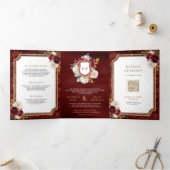 ブルゴーニュ赤金ゴールドフローラオールインワン結婚クレスト 三つ折り招待状 (内部)