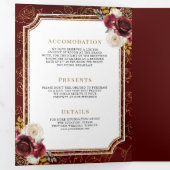 ブルゴーニュ赤金ゴールドフローラオールインワン結婚クレスト 三つ折り招待状 (内部最初)