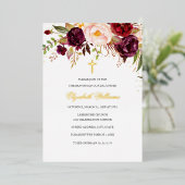 ブルゴーニュ赤金ゴールドフローラクロスガールバプテスマ 箔招待状 (立ち正面)