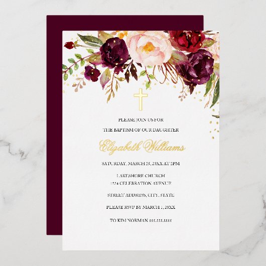 ブルゴーニュ赤金ゴールドフローラクロスガールバプテスマ 箔招待状 (正面/裏面)