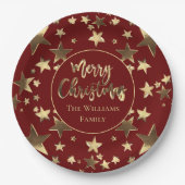 ブルゴーニュ赤金ゴールドメリークリスマススターエレガントズ ペーパープレート (正面)