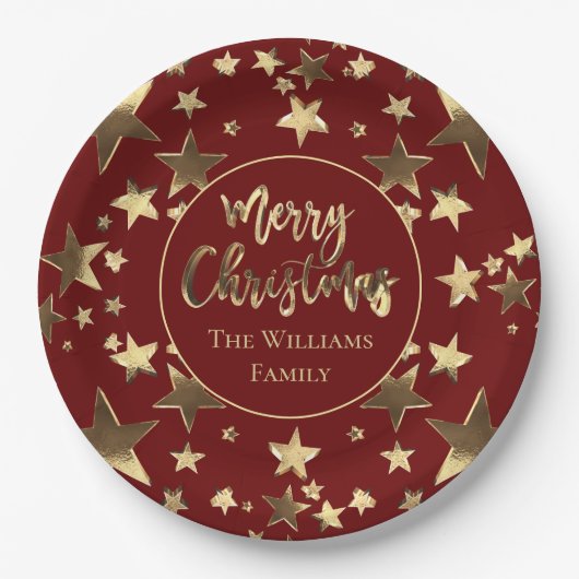 ブルゴーニュ赤金ゴールドメリークリスマススターエレガントズ ペーパープレート (正面)