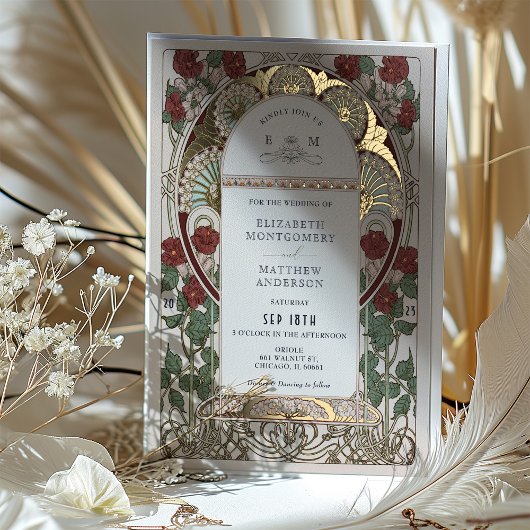 ブルゴーニュ赤金ゴールド結婚ズアールヌーボーヴィンテージ 箔招待状