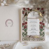 ブルゴーニュ赤金ゴールド結婚ズアールヌーボーヴィンテージ 箔招待状