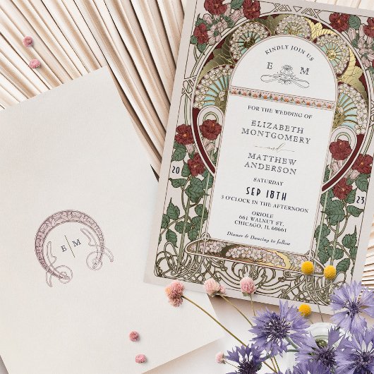 ブルゴーニュ赤金ゴールド結婚ズアールヌーボーヴィンテージ 箔招待状