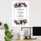 ブルゴーニュ赤開花結婚の歓迎サイン ポスター (ホームオフィス)