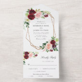 ブルゴーニュ赤面の水色フローラ幾何学的 オールインワン招待状 (内側)