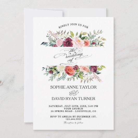 ブルゴーニュ赤面アイボリーフラワーフレーム結婚ズ 招待状 (正面)